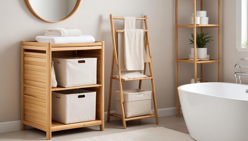 Cesto de Bambu de Lavanderia Inclinável com Prateleiras.Cesta de Roupas Removível com Prateleiras.